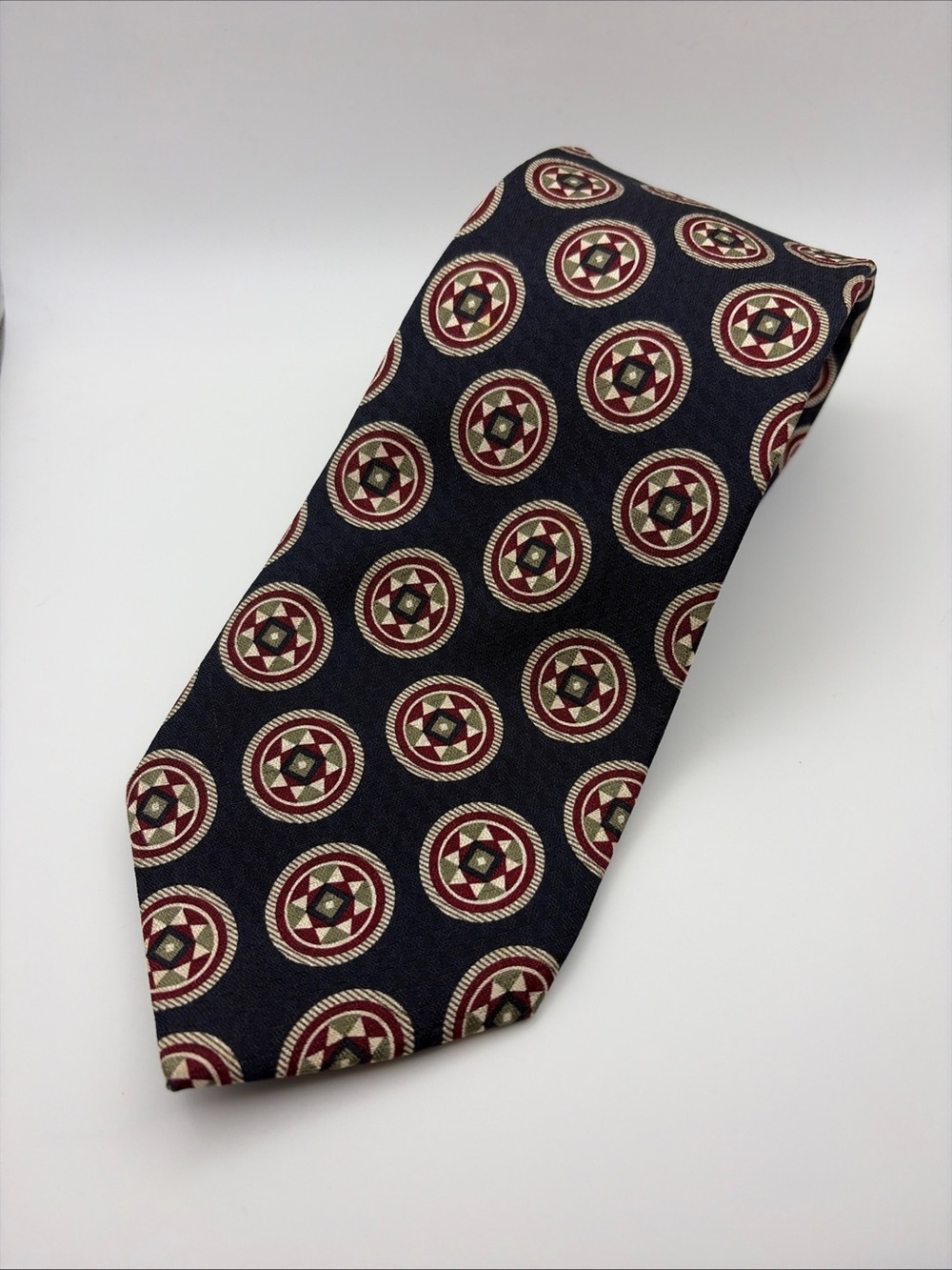 Lands’ End 100% Silk Men’s Black Geometric Print Necktie Made In USA